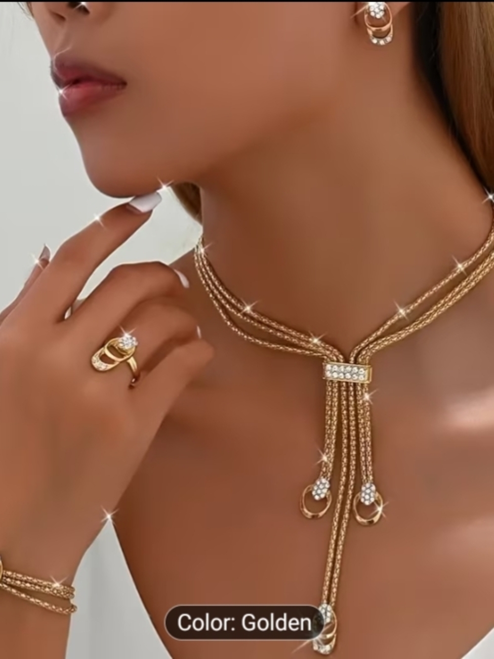 Golden Multi-Strand Lariat Necklace and Earring Set